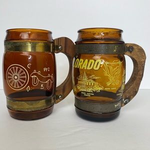 Vintage MCM Lot of 2 Amber Glass w/Wood Handles Beer Mugs Siesta Ware/Colorado